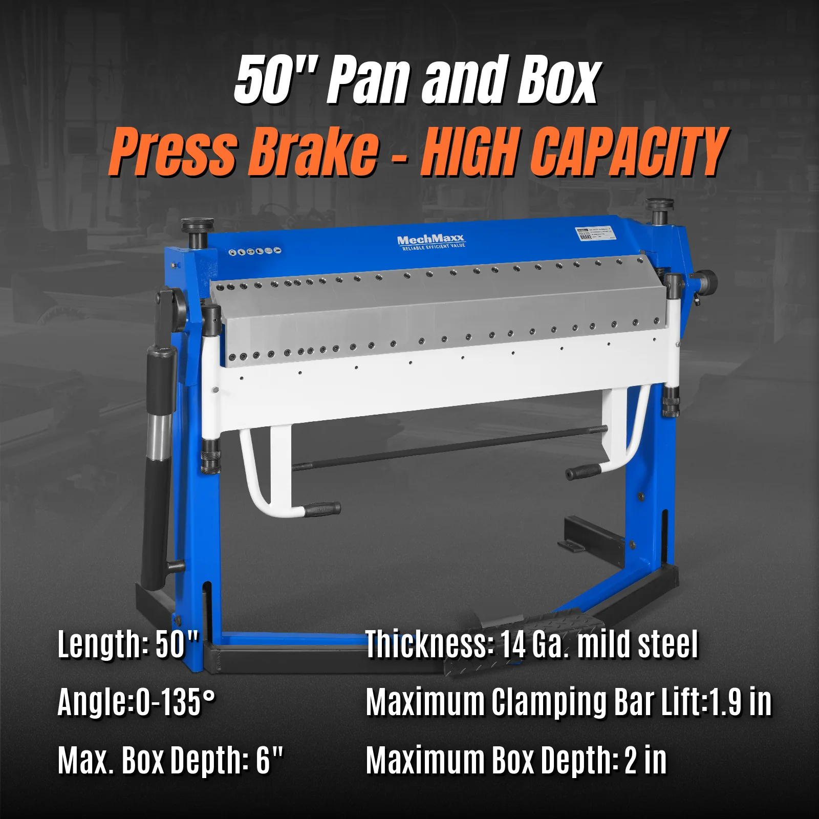 50-Inch Foot Clamp Pan and Box Brake, Industrial Heavy Duty Sheet Metal Folding Machine, 0–135° Bending Angle, 1.9" Clamping Lift, 2" Box Depth PB2A5014 - Image 3