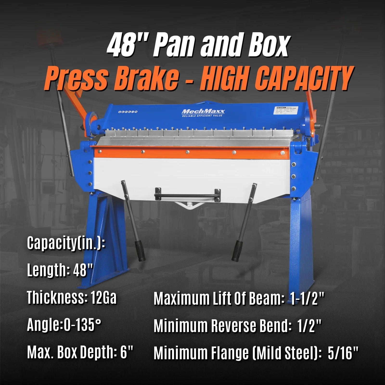 48” Manual Pan and Box Brake - Heavy Duty, Durable Construction, 12 Gauge Mild Steel, 135° Bending Angle, Individual Bending Fingers" PB4812 - Image 3