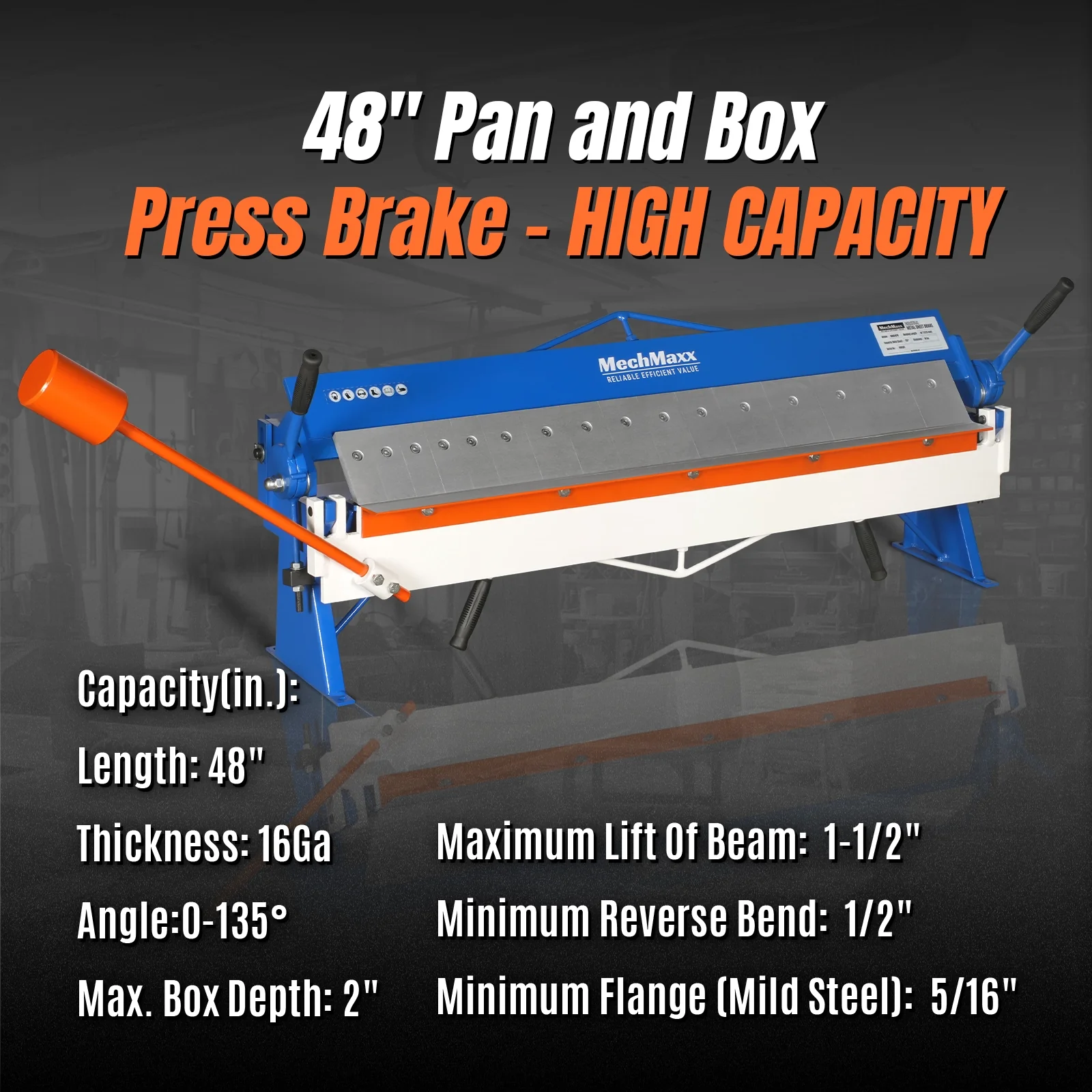 48" Manual Pan and Box Brake - 16 Gauge Mild Steel Capacity, 135° Bending Angle, 16 Precision Fingers, Durable Construction for Accurate Bends" - Image 3